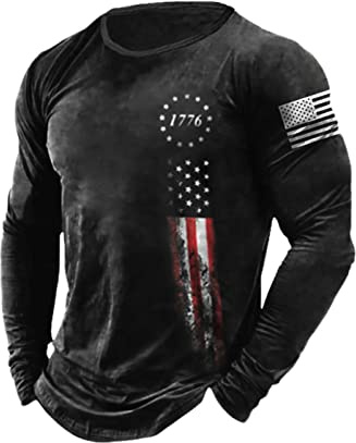 HARGLESMAN Men's Long Sleeve Tactical Patriotic T Shirt Tops Loose Fitting 1776 Flag Printed Sports Apparel Casual Tees for Man Tennis Paintball Activewear Clothes Black XL