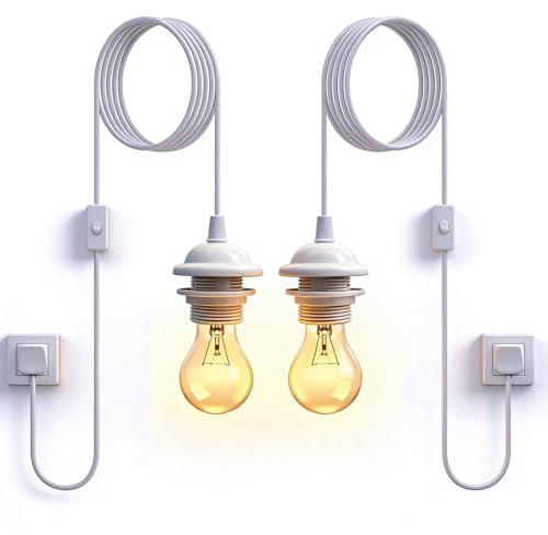 White Plug in Pendant Light,2 Pack E26/ E27 Lamp Holder with Switch,Suspended Pendant Light Fitting Kit with 15FT Power Cord,Plug in Ceiling Light with Socket Lock Ring for Lampshade DIY, No Bulbs