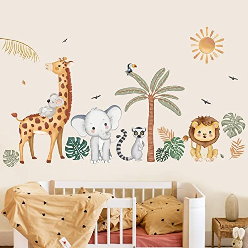 wondever Boho djungel djur väggklistermärken safari djur palmträd elefant giraff lejon skala och klistra väggkonst dekaler för baby barnkammare barn sovrum