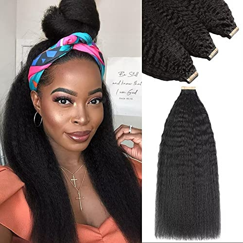 YDDM Tape Extensions Echthaar 16 Zoll+18zoll+20zoll 60 Stück 130g Schwarze Frauen Kinky Straight Tape In HaarverläNgerung Echthaar Tapes Unsichtbare Extensions Echthaar Tape Extensions Echthaar