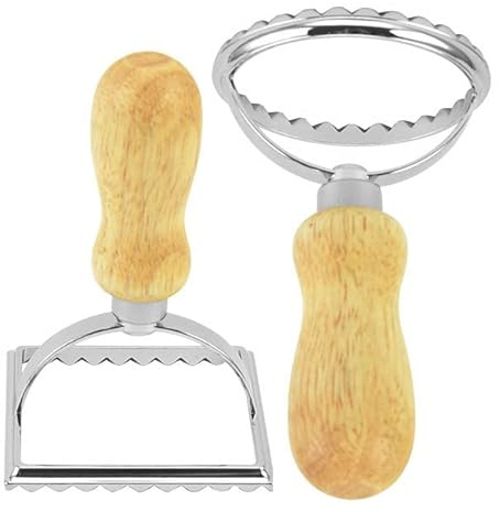 Emporte-pièce pour raviolis avec rouleau, moule avec poignée en bois de hêtre robuste et cadre en aluminium cannelé, presse à pâtes pour perogis et raviolis (1 rond et 1 carré)