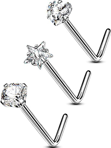 OUFER G23 Nasenpiercings Titan 3er-Pack 20G 0.8 mm Nostril Piercing Rings Nasenstecker Nasenringe L-Form 3mm Klar CZ Frauen Männer Geschenk