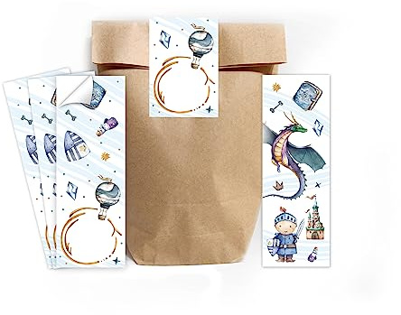 Minkocards 12 Lesezeichen + 12 Geschenktüten (Natur) + 12 Aufkleber Ritter Drache Mitgebselset Gastgeschenke für Kindergeburtstag Jungsgeburtstag