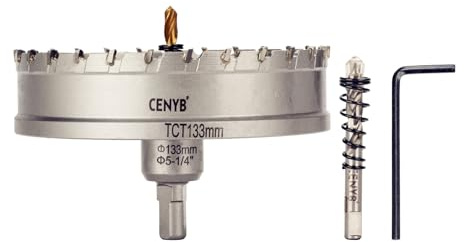CENYB scie cloche metal 5-1/4 (133mm) à pointe en carbure de tungstène, avec 2 forets pilotes titanées - Idéale pour métaux durs, acier inoxydable, fer, alliage d'aluminium, bois et plastique