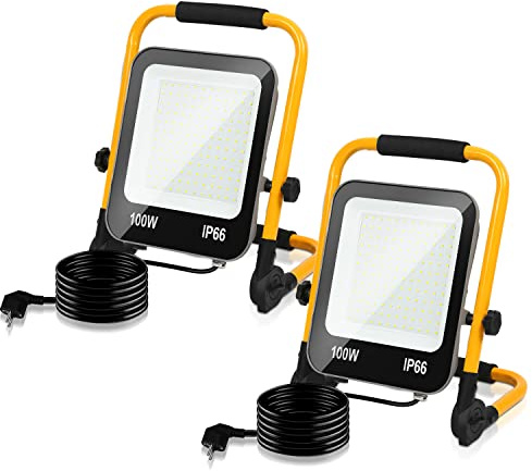 Lospitch 100W LED byggstrålkastare, 2x arbetsbelysning, 10000LM LED-strålkastare med 3M kabel och kontakt, IP66 byggstrålkastare för byggarbetsplatser inomhus och utomhus Garage Verkstad, kallvit
