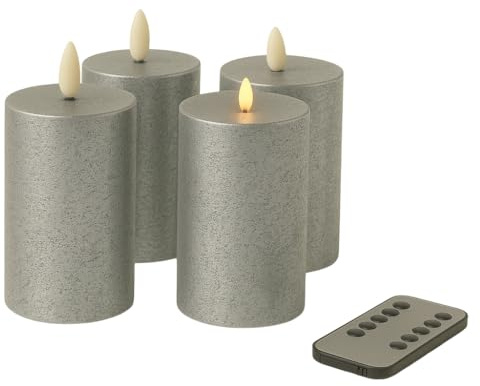 Fachhandel Plus LED Kerzen mit Timer – Stumpenkerzen aus Echtwachs mit 3D Flamme & Fernbedienung – LED Echtwachskerzen in verschiedenen Farben & Größen – Ø 6,5/7,5 cm (Silber, 15 x 7,5 cm)