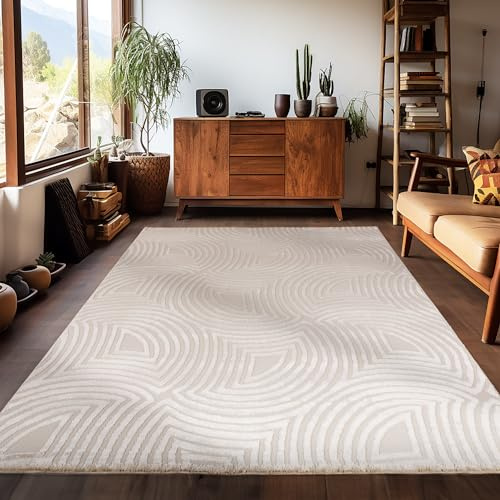 Carpetsale24 Kurzflor Teppich Wohnzimmer 140x200 cm Beige Modern Skandinavisch Boho Design Einfarbig 3D Effekt Weich Waschbar Pflegeleicht für Schlafzimmer Esszimmer