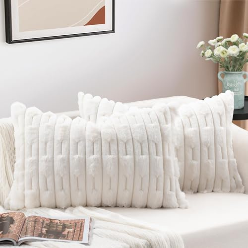 ZWJD 2 Pezzi Federe Cuscini Divano Crema 40x60 Cuscini per Divano in Pelliccia Sintetica Morbida Soffice Cuscino Decorativo Cuscino per Soggiorno Divano Camera da Letto Arredamento