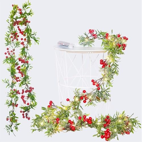 1.75M/5.7FT Christmas Decorations Garland String Lights, 20pcs LED Xmas Garlands, Red Berry Green Leaf for Railings Fireplaces Arches