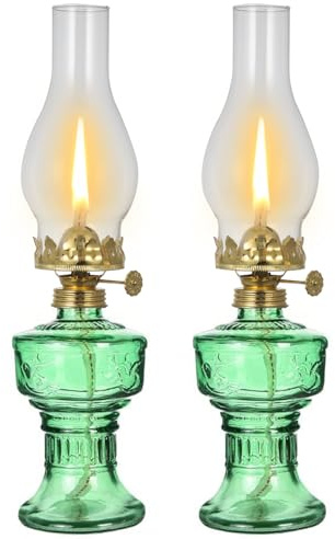 DNRVK 2 Pieces Rustic Oil Lamp Lantern Vintage Color Glass Kerosene Lamp 12.8''Chamber Oil Lamps for Indoor Use Home Decor Lighting Classic Old Hurricane Lamp for Emergency Lighting
