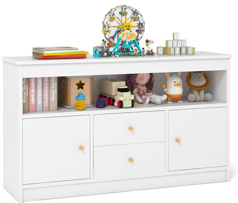 COSTWAY Coffre à Jouets Enfant avec 2 Tiroirs & 2 Armoires, Meuble de Rangement Jouets Enfants avec Kit Anti-basculement, Bibliothèque en Bois pour Bureau Chambre d'enfants, 106 x 30 x 62 cm