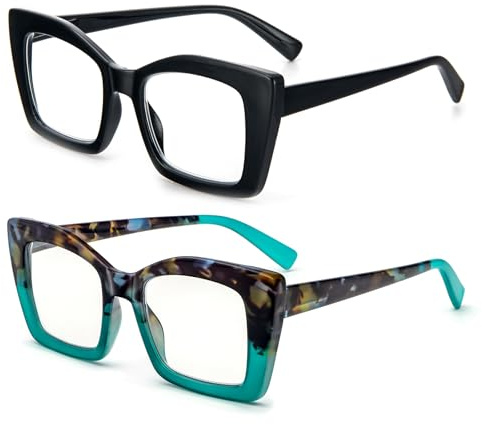 MMOWW Paquete de 2 gafas de lectura de gran tamaño para mujeres con montura cuadrada, estilo de moda, anti luz azul para mujeres y hombres (Negro+Tortuga carey azul, +1.0)