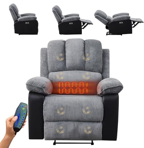 Elektrischer Relaxsessel mit Massage & Heizung, Aufstehsessel für Senioren mit USB-Anschluss & Seitentaschen, Wohnzimmer Fernsehsessel in PU-Leder oder Cordstoff, 1/2 Sitzer (Cordstoff, 1 Sitzer)