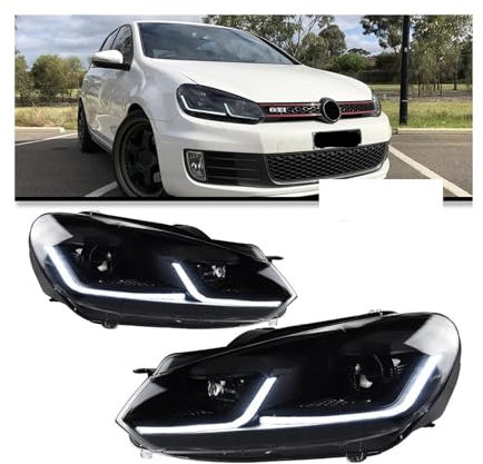 Paar Scheinwerferbaugruppe, kompatibel for VW Golf 6 Scheinwerfer 2009–2012 R20 MK6, neuestes Styling, LED-Tagfahrlicht, Dual-Projektor, Autozubehör, modifiziert(Red Set,RHD)