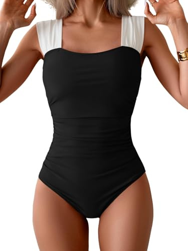 B2prity Womens One Piece Swimsuit Retro Square Neck Tummy Control Bathing Suits Ruched Modest Full Coverage Swimwear Black,White