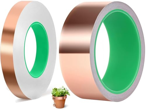 2 Pezzi Nastro Lamina Rame, Rame Foil Tape Nastro in Schermatura EMI Nastro in Rame Contro le Lumache Autoadesivo Protezione Contro le Lumache per giardino piante vasi fiori (30mmx20m+15mmx20m)