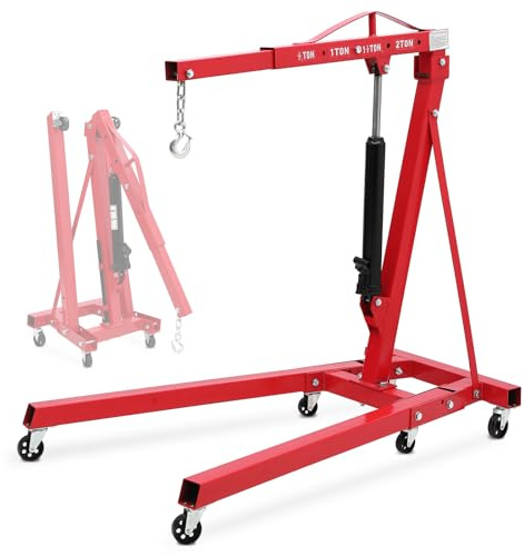 2 Tonnen Motorheber, klappbarer Kirschpflücker Motorheber mit Hebel und 6 Rollen, Schwerlast Hydraulischer Ladenkran, Motorkranheber für Garage Werkstatt, Rot