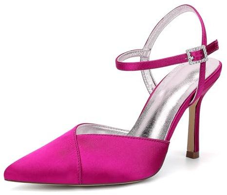 HFWXYSA Sandali con Tacco Slingback A Punta Chiusa da Donna Sexy Raso con Cinturino alla Caviglia Sandali da Sposa Tacco Alto Décolleté da Sposa,Fuchsia,36 EU