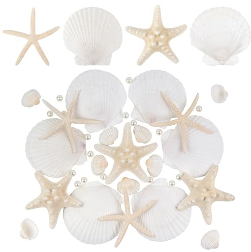 Wirow 46PCS Mixed Starfish Scallop Shells and Pearls for Crafts, Natural Beach Sea Shells for White Christmas Decor Beach Party Wedding Fishtank DIY Crafts