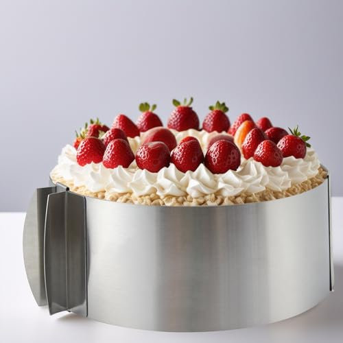 Elalove Anello per torta regolabile, altezza 5 cm, con manico e scala, telaio rotondo, in acciaio inox, per torte, dolci, dessert a strati, Ø 16-30 cm, argento