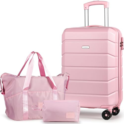 H.yeed Luggage Sets of 3 Piece, Lightweight Trolley Travel Suitcase Set ABS Hard Shell with 4 Spinner Wheels TSA Lock for Man Women, 21 + Duffels Bag & Toiletry Bag, Pink