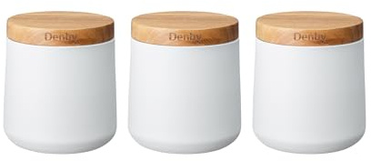 Denby - Storage Canisters Set of 3 in White - Coffee, Tea, Sugar Container - Kitchen, Pantry Organizer & Essential - Easy to Open Acacia Wood Lid - Contemporary Matte Finish