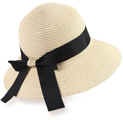 FUIPVGI Cappello da Sole da Donna Cappello da Spiaggia in Paglia a Tesa Larga, Protezione UV Cappello Estivo Pieghevole per Il Tempo Libero, Spiaggia, Viaggio (Beige)