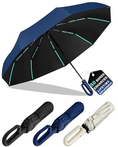 KLYOZO 10-Shaft 50-Rib Heavy-Duty Umbrella, Automatic Open/Close with Carabiner Handle, All-Weather Wind Resistant & UPF 50+ for Rain and Sun(Blue)