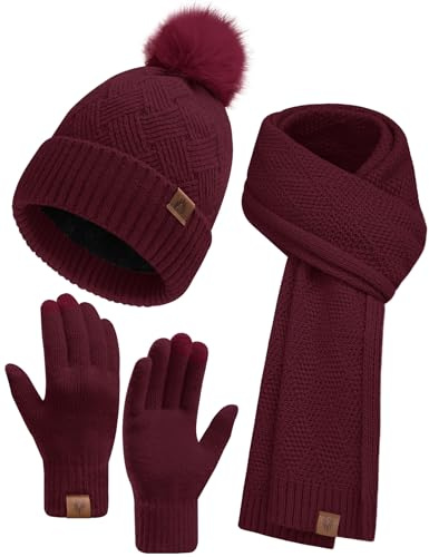 Voqeen Damen Schal Mütze Handschuhe Set Winter Warm Weich Strickschal Lang Dicker Fleece Beanie Mütze mit Bommel Touchscreen Handschuhe Geschenkset für Frauen 3 in 1 Set