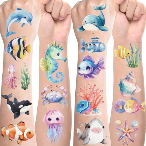 Wasserfarben Meerestiere Tattoos für Kinder,10 Blätter Unterwasserwelt Kindertattoos Hautfreundlich Set für Mädchen Junge,Meerjungfrau Delphin Hai Fisch,Mitgebsel Kindergeburtstag Gastgeschenke Party