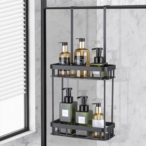 MICHIHOMIE Duschablage zum Hängen, Duschablage Ohne Bohren mit 2 Duschkörben, Duschkorb zum Hängen für Glasduschtüren, Dusch Organizer Schwarz