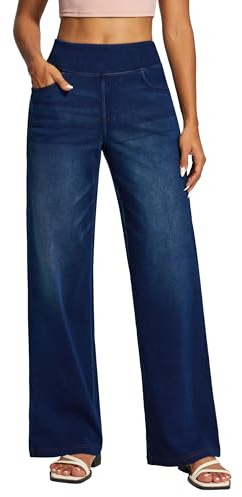 Wide Leg Jeans for Women High Waisted Pull On Sweatpant Jean Denim Pants | 4 Pockets, Soft Stretchy Denim, No Zipper, Petite/Regular, Baggy, Casual, Elastic Waist, Straight Leg