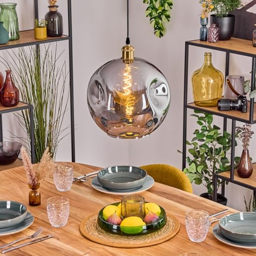 HOFSTEIN Hängeleuchte Ripoll, 1-flammige Hängelampe aus Metall/Glas in Gold-/Rauchfarben, moderne Pendelleuchte im Retro/Vintage-Design (Schirm 30 cm), E27, Esszimmer, Küche, Wohnzimmer, Flur
