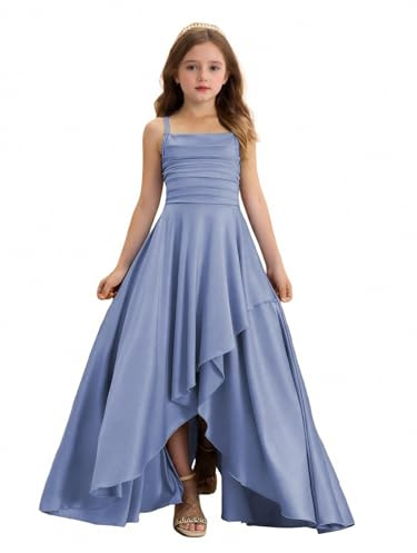VeetaLux Girls High-Low Flower Girl Dress Pleated Satin Prom Dress | Elegant Spaghetti Strap High-Waist Formal Dress with Asymmetrical Hem Perfect for Prom Graduation Party Wedding Birthday