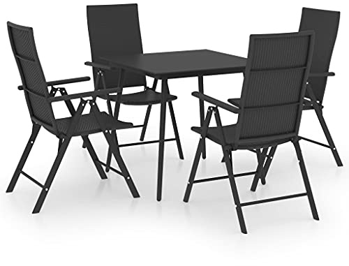 Foknhdi 5-teiliges Gartenmöbel-Set Schwarz 80 x 80 cm Tisch mit 4 verstellbaren Stühlen aus wetterfestem PE-Rattan Robust Leichtbauweise Modern für Balkon Terrasse Garten und Wintergarten
