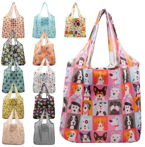 Deuson 12 stycken shoppingväska vikbara, återanvändbara shoppingpåsar med påse, 45,5 x 7 x 60 cm, stora shoppingkassar, kan tvättas i maskin, för resor, daglig shopping och för förvaring, flerfärgad