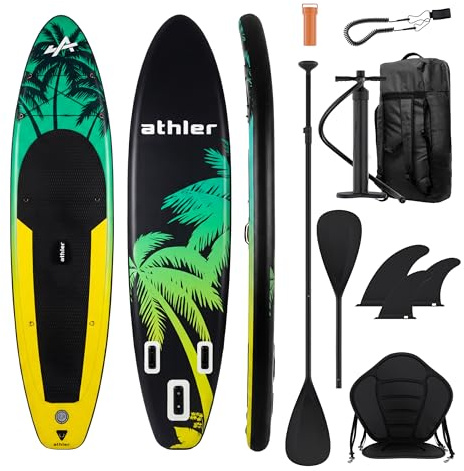 Athler Cobia 320 SUP Gonfiabile fino a 150 kg – Set con Sedile Kayak, Pagaia 2 in 1, Borsa, Pompa, Pinne, Leash e Accessori – 320 x 80 x 16 cm – per Yoga e Tempo Libero