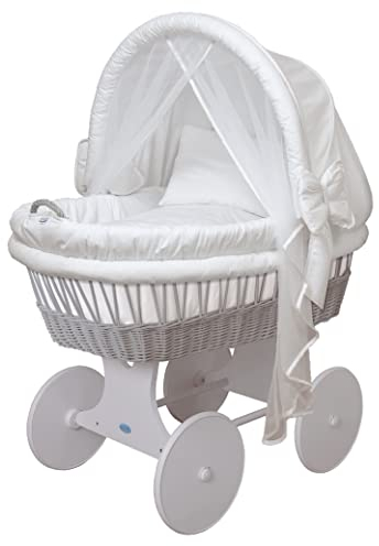 Waldin Baby Stubenwagen-Set mit Ausstattung, XXL, Bollerwagen, komplett, 24 Modelle wählbar, Gestell/Räder grau lackiert, Stoffe weiß