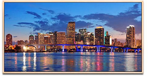 Miami Skyline ca. 130x70cm Wandbild inklusive Schattenfugenrahmen naturfarbend - Panorama Leinwand Bild XXL Format Wandbilder Wohnzimmer Wohnung Deko Kunstdrucke