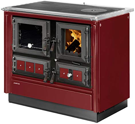 Justus Scheitholzherd Rustico-90 2.0 (7,0 kW) Bordeaux Rauchgas-Anschluss und Backfach Links