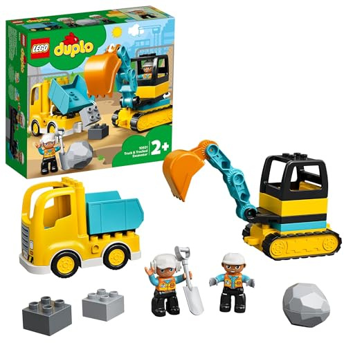 LEGO DUPLO Truck and Tracked Excavator Toy for 2+ Year Old Toddlers, Boys & Girls - Educational Set incl. 2 Construction Vehicle Toys, 2 Figures & a Boulder Brick - 10931