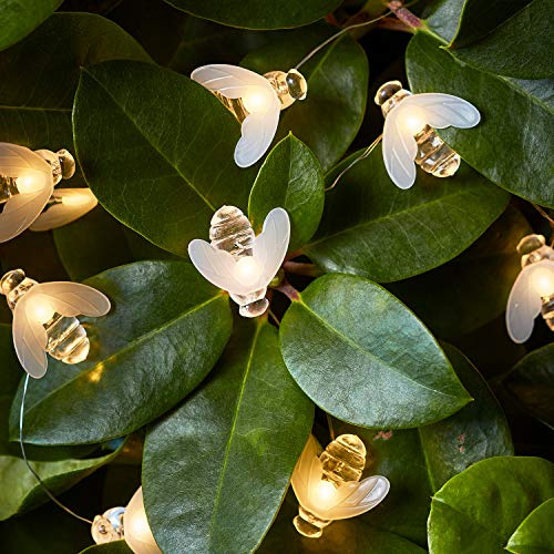 Lights4fun Outdoor 20 Honey Bumble Bee Battery String Fairy Lights Warm White Micro LED Silver Wire 2m with Timer Waterproof