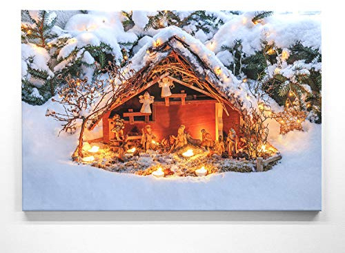 BilderKing Bezauberndes Wandbild zu Weihnachten, Krippe - als großes XXL Leinwandbild 120x80cm. Ideal als Hintergrund und Dekoration für Wohnzimmer & Schlafzimmer. Aufgespannt auf 2cm Holzrahmen
