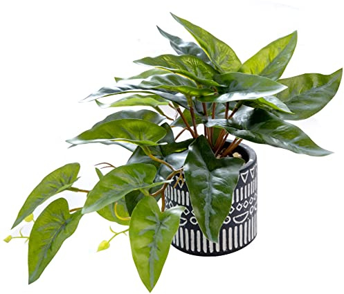 AlphaAcc Faux Plant Decor Potted Artificial Small Greenery Ivy Leaves Plants with Black and White Geometry Patterns Cement Pot for Office Desk Home Kitchen Decoration (Taro Leaf)