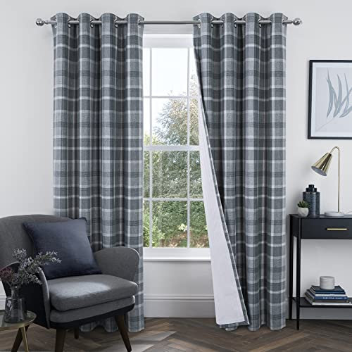 always4u 100% Blackout Curtains Check Eyelet Curtain Bedroom Plaid Woven Brushed Cheque Pair of Highland Woolen Look Window Treatment for Living Room Grey 46 * 72 Inches