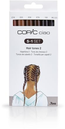 COPIC Ciao 5+1 Set Hair Tones 2, 5 Twin Marker mit einer mittelbreiten und einer Brush-Spitze, inkl. Multiliner Black 0,3 mm