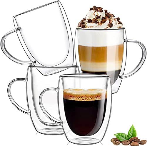 Set de 4 Cristal Vidrio de Doble Pared – Aislantes, Taza de Cafe 350 ml, Vasos de Capuchino Latte Macchiato, de Borosilicato Adecuado para Té, Café, Capuchino, Seguridad del lavavajillas