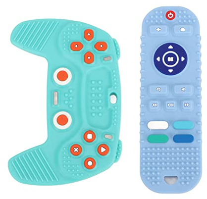Paquete de 2 Juguetes de Silicona para la Dentición del bebé, Forma de Control Remoto de TV, Mordedores Sensoriales Educativos para Masticar, Juguete Educativo de Gel de Sílice de (azul cian)
