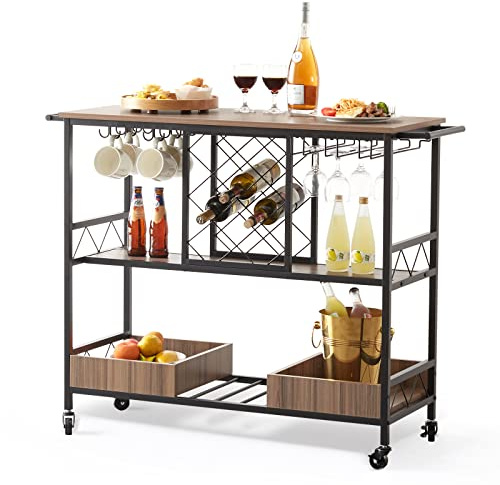 VEVOR Carrito de Servicio de Bar de 3 niveles 117x40x91,5 cm Carrito para Cocina Multifuncional Carga de 136kg con Portabotellas Portavasos Bandeja Extraíble para Cocina Restaurante Oficina Almacenaje