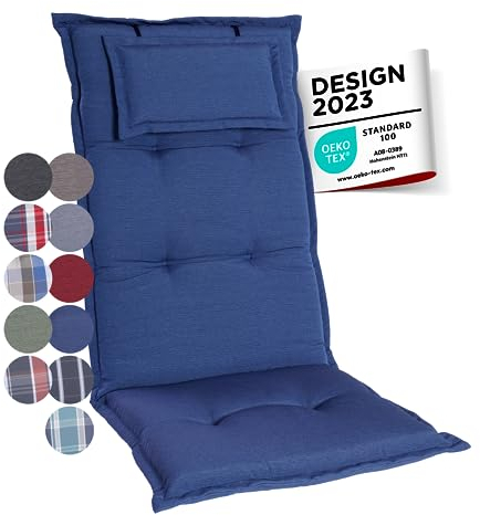 gardisun Gartenstuhlauflagen Hochlehner mit Kopfteil I Extra Dicke Sitzauflagen I Made in Europe I Polsterauflagen für Hochlehner I Auflagen mit extra hohem Komfort I 2er Set I Blau